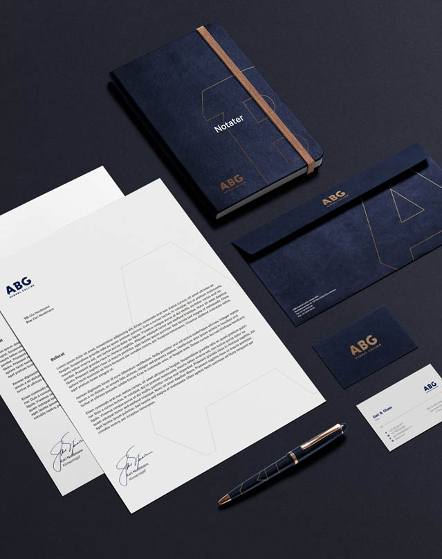 ABG letter, notebook, business cards, pen, and envelope design